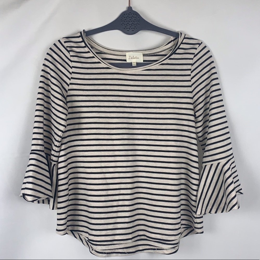 Anthropologie Deletta blouse top Stripes Bell Sleeves XS black white